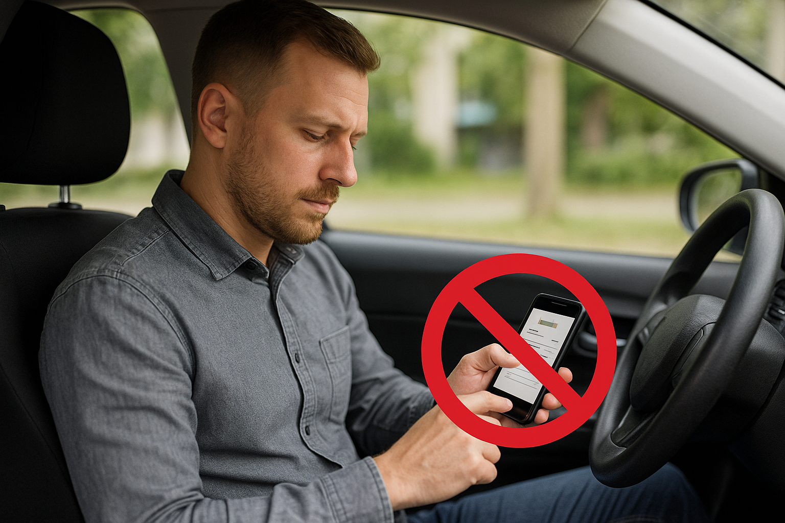 Vodič s mobilom prečiarknutý zákazovým symbolom